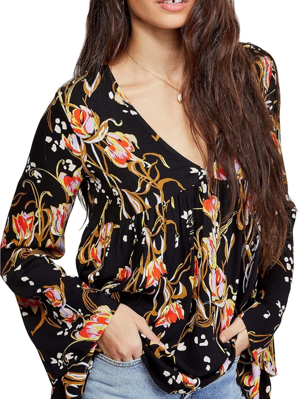 Free People Black Floral V-Neck Tunic with Multicolor Blooms